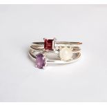 Three 925 silver stacking rings set with opal, amethyst and garnet, (S).