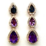A pair of 925 silver rose gold gilt drop earrings set with pear cut amethysts and sapphire