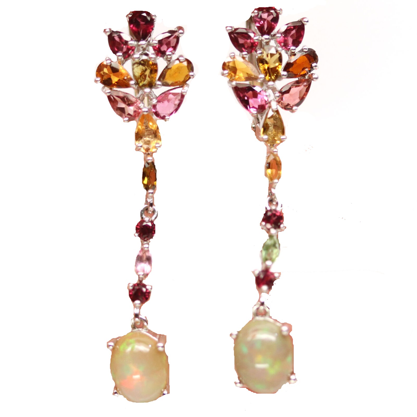 A pair of 925 silver drop earrings set with cabochon cut opal and mixed colour tourmalines, L. 5cm.