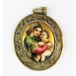 A white metal mounted hand painted and gilt portrait miniature on porcelain, L. 6.5cm.