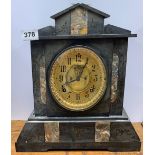 A 19th century French slate and marble mantle clock, H. 33cm. A/F to left side of base.