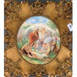 An early 19th century gilt framed hand painted porcelain plate, frame size 37 x 37cm.