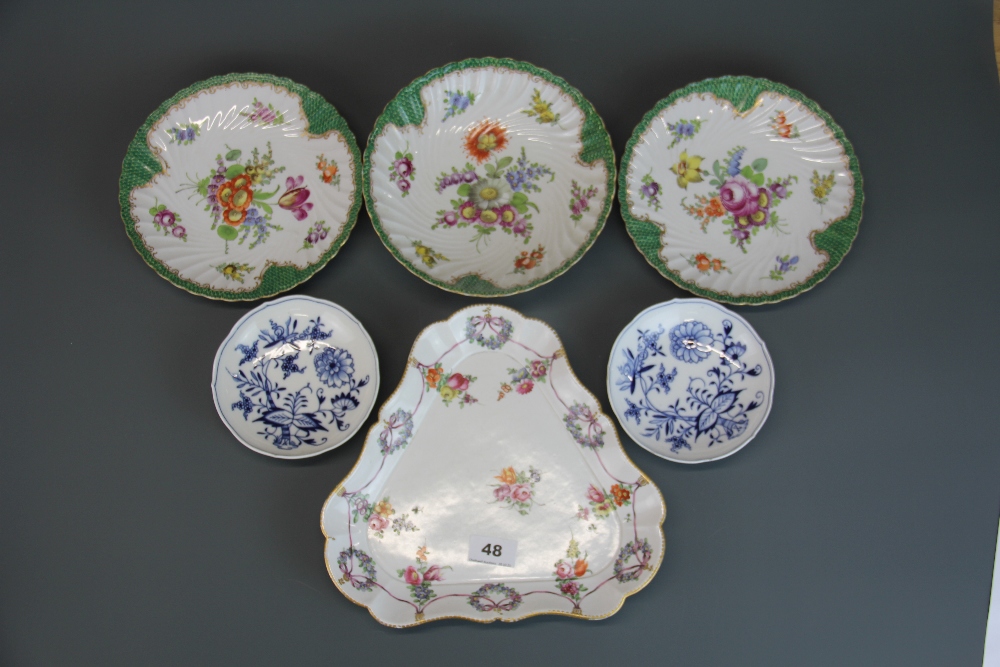 A group of three Dresden hand painted porcelain items together with three further German porcelain