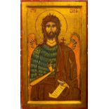 A 20th Century Russian hand painted icon on pine, frame size 24.5 x 39.5cm.
