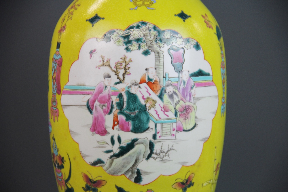 An 18th/early 19th century Chinese Famille Jaune and Canton enamelled porcelain vase, H. 44cm. On - Image 3 of 5