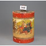 A 1920's engraved and painted turned wooden tobacco jar, H. 20cm.