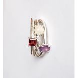 Three 925 silver stacking rings set with opal, amethyst and garnet, (S).