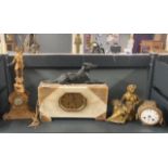 An Art Deco marble mantle clock and two further metal mantle clocks.