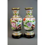 A pair of large Chinese cloisonne vases with wooden stands, H. 43cm.