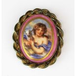 A hand painted miniature on porcelain mounted in gilt metal as a brooch, L. 7cm.