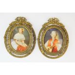 A pair of gilt framed hand painted portrait miniatures of a young woman and a musician one signed