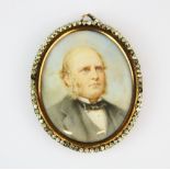 A 19th century hand painted portrait miniature of a gentleman in a gilt metal stone set frame