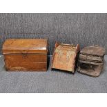 A tin trunk, a brass mounted mahogany coal box and a foot bellows, chest 58 x 39 x 40cm.