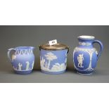 Three blue jasper ware items two impressed Wedgwood, tallest 18cm.