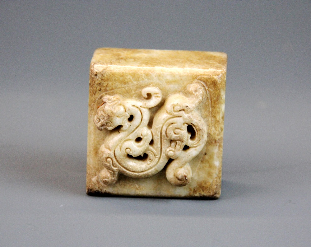 A mid 20th century Chinese soapstone seal, 6 x 6 x 4.5cm.