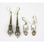 Two pairs of silver drop earrings, longest 6.5cm.