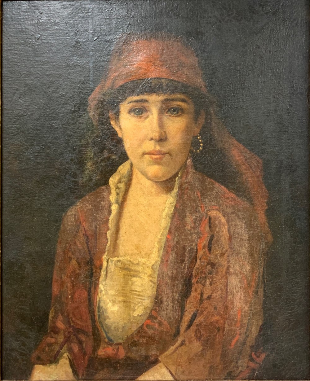 A lovely 19th Century gilt framed Orientalist oil on canvas of a young woman (relined), frame size - Image 2 of 2