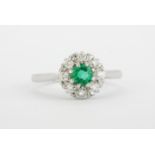 An 18ct white gold and platinum cluster ring set with a round cut emerald surrounded by brilliant