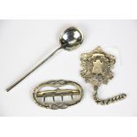 A hallmarked silver fob, lady's buckle and spoon.