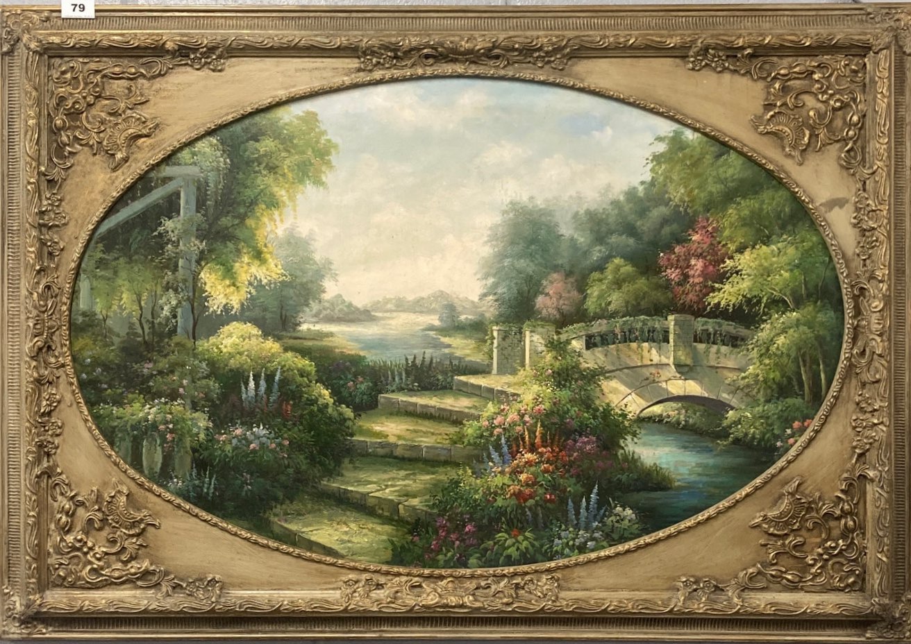 A large 1920's framed oil on canvas of a bridge over a stream, frame size 107 x 76cm.