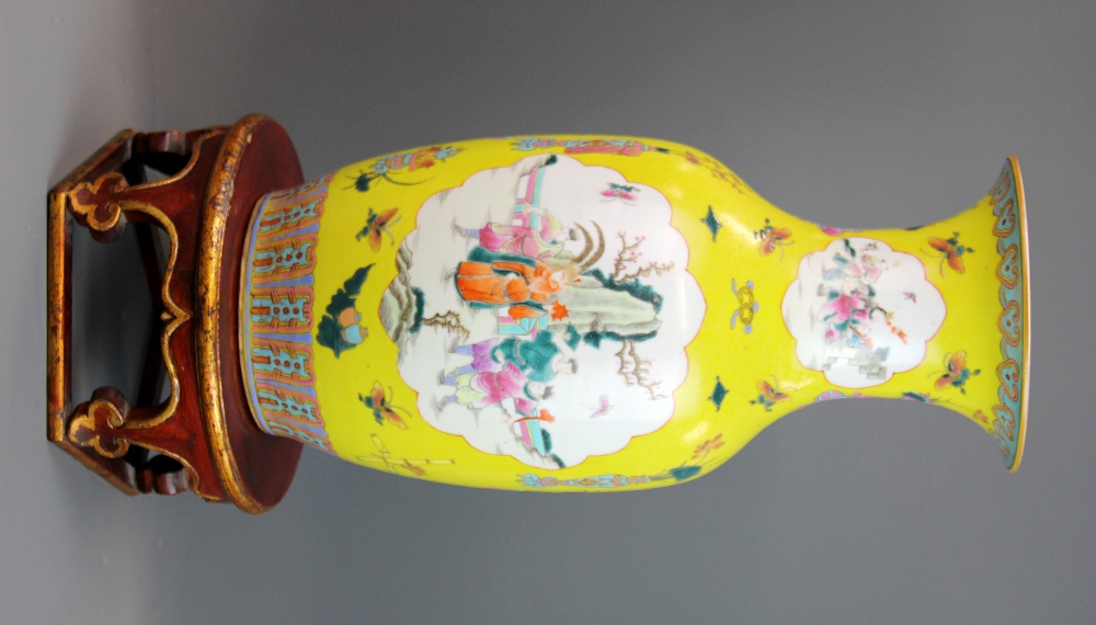 An 18th/early 19th century Chinese Famille Jaune and Canton enamelled porcelain vase, H. 44cm. On - Image 4 of 5