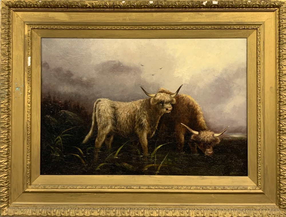 A 19th century gilt framed oil on canvas of Highland cattle signed F. Walters, frame size 102 x