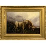 A 19th century gilt framed oil on canvas of Highland cattle signed F. Walters, frame size 102 x