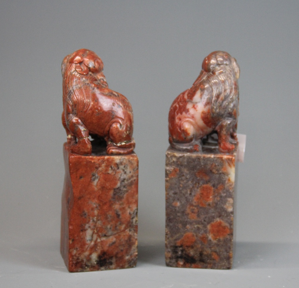 A pair of Chinese carved soapstone seals, H. 15.5cm. - Image 2 of 2