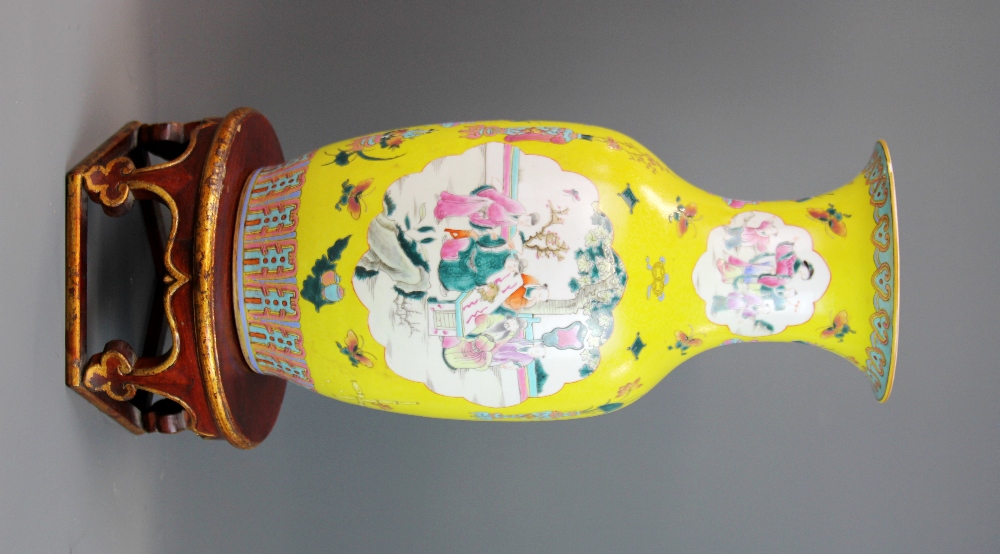 An 18th/early 19th century Chinese Famille Jaune and Canton enamelled porcelain vase, H. 44cm. On - Image 2 of 5