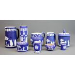 A collection of dark blue Wedgwood jasper ware. Condition: some restoration.