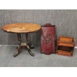 A Victorian inlaid oval side table together with a hardwood wall cabinet and a oriental hardwood