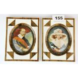 A pair of 20th century hand painted portrait miniatures in piano key ivory frames, L. 14cm.