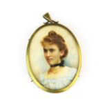 A framed hand painted portrait miniature of a young woman, L. 6cm.