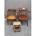 An oak captains chair with a further oak arm chair and small stool, tallest H. 79cm.