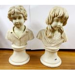 A pair of large resin reproduction busts of children, H. 47cm.