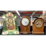 A brass inlaid mahogany Benson mantle clock, H. 33cm. together with an inlaid oak clock and a