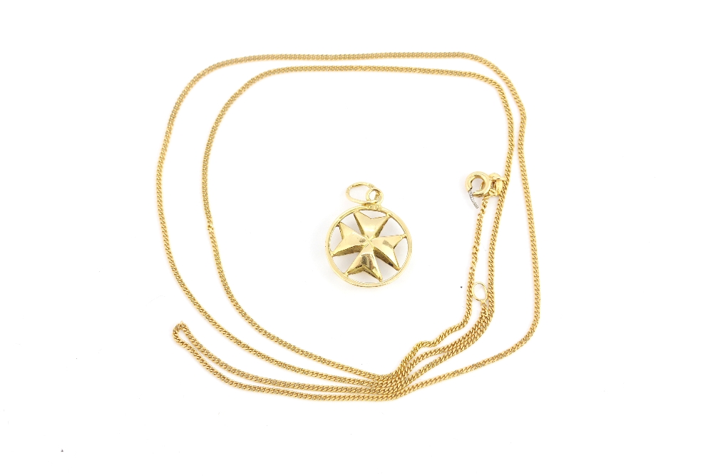 A 9ct yellow gold Maltese cross pendant, L. 2cm, together with a 9ct yellow gold chain (A/F).