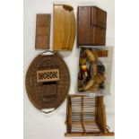 A stationery box, cane tray and other items.