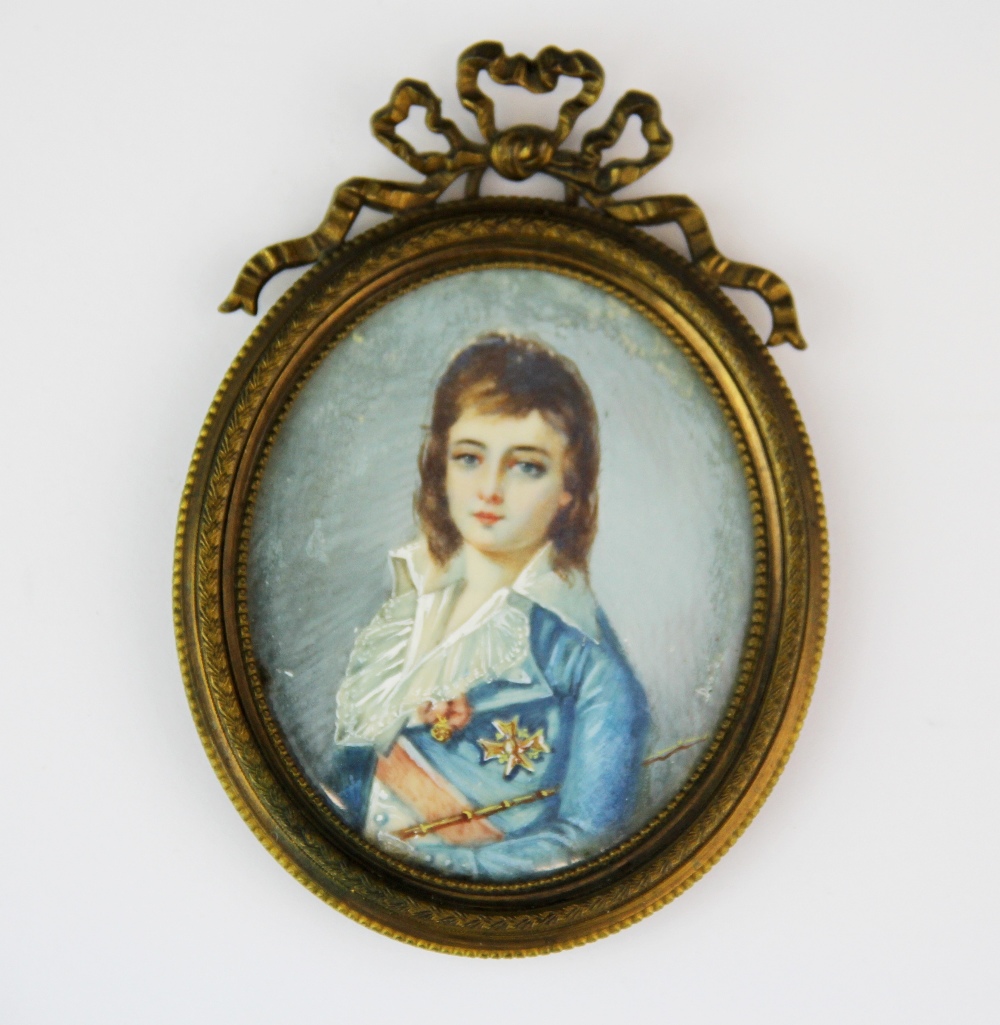 A 19th century hand painted portrait miniature noted verso as the Comte Naumdorf, L. 10cm.