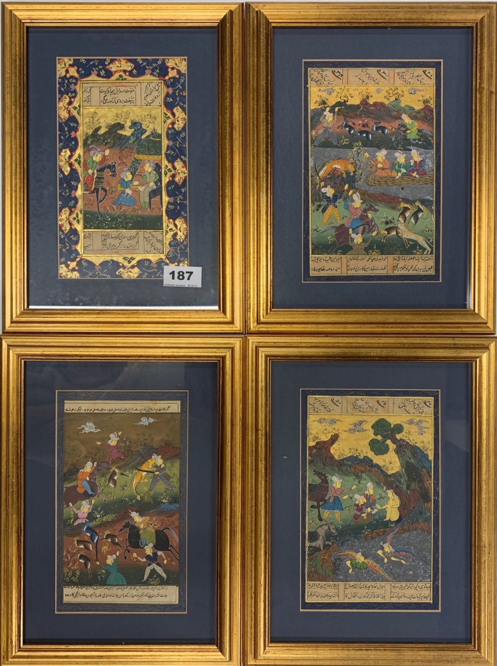 A superb set of eight framed Mughal watercolour, gilt and inked story panels, frame size 24.5 x - Image 3 of 4