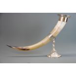 An impressive silver plate and horn cornucopia/drinking vessel, L. 65cm. H. 40.5cm.