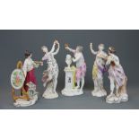 A group of five fine German porcelain figures of the arts, H. 22cm. Restoration to tambourine.