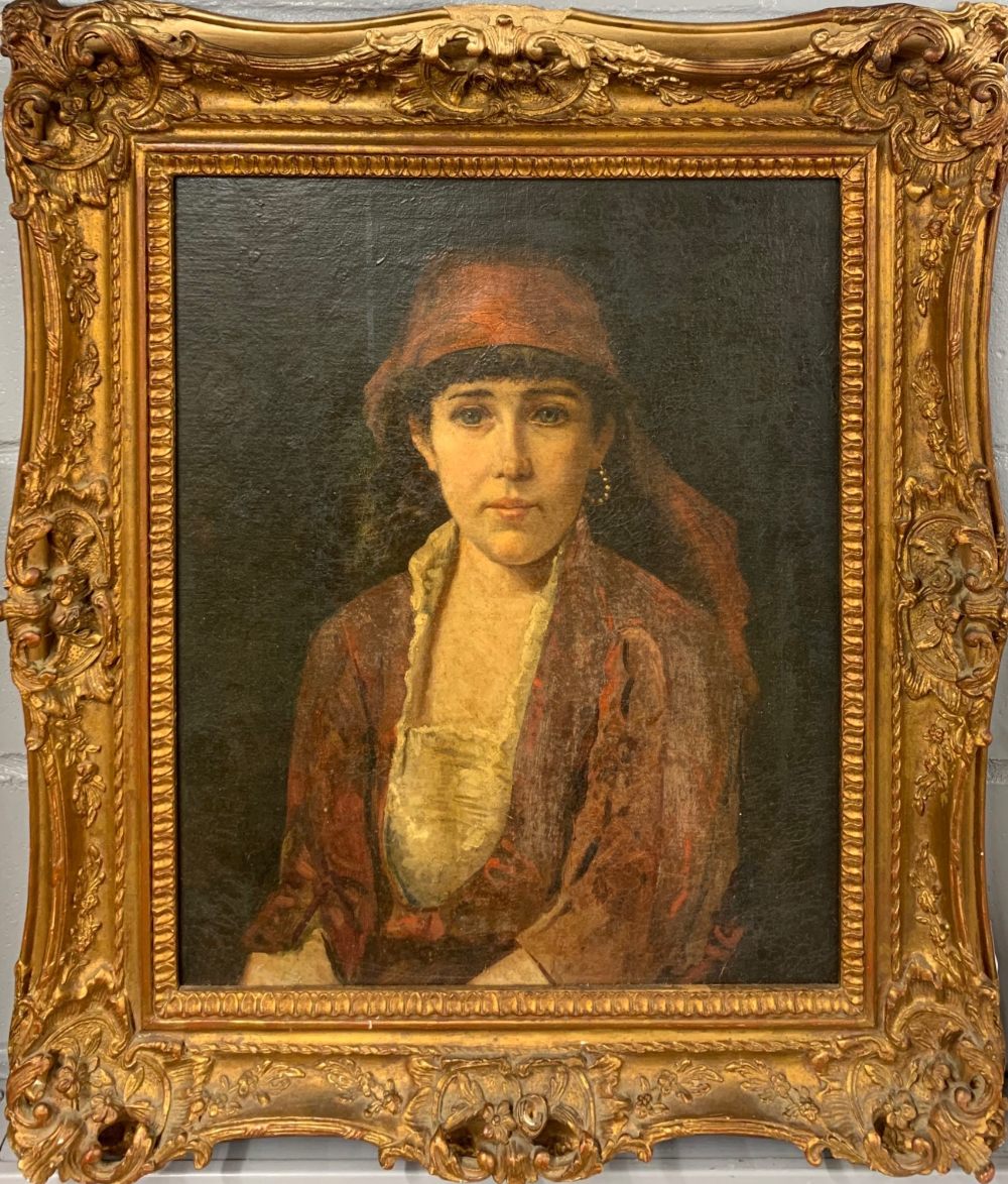 A lovely 19th Century gilt framed Orientalist oil on canvas of a young woman (relined), frame size