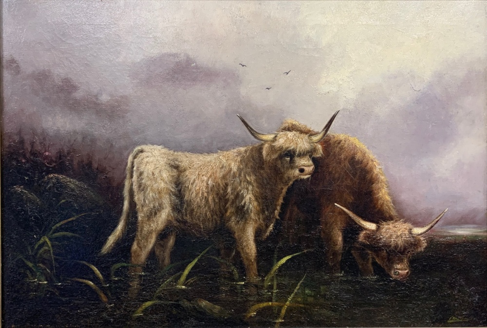 A 19th century gilt framed oil on canvas of Highland cattle signed F. Walters, frame size 102 x - Image 2 of 5