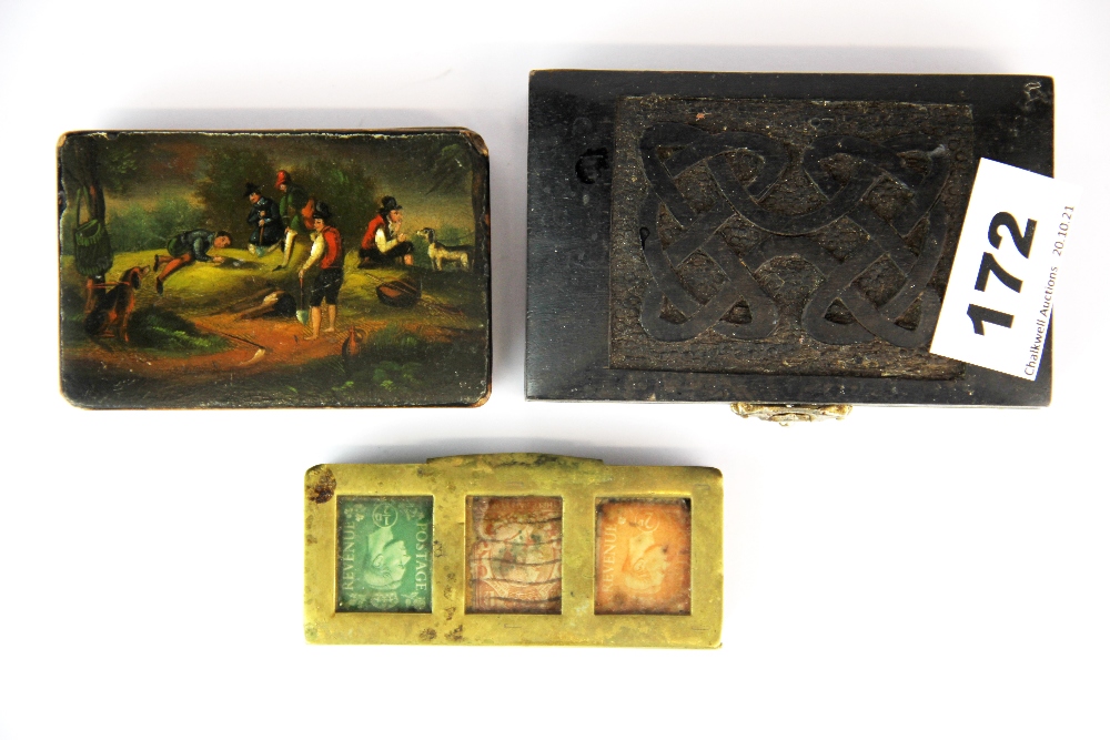 A brass stamp box together with a papier mache snuff box and a carved ebony box. - Bild 2 aus 3