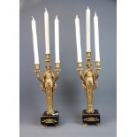 A superb pair of 19thC French gilt bronze and black slate candlesticks, H. 45cm. ( H. given