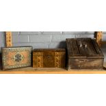 A 19th century Tunbridge inlaid tea box together with a stationery box and small writing slope.