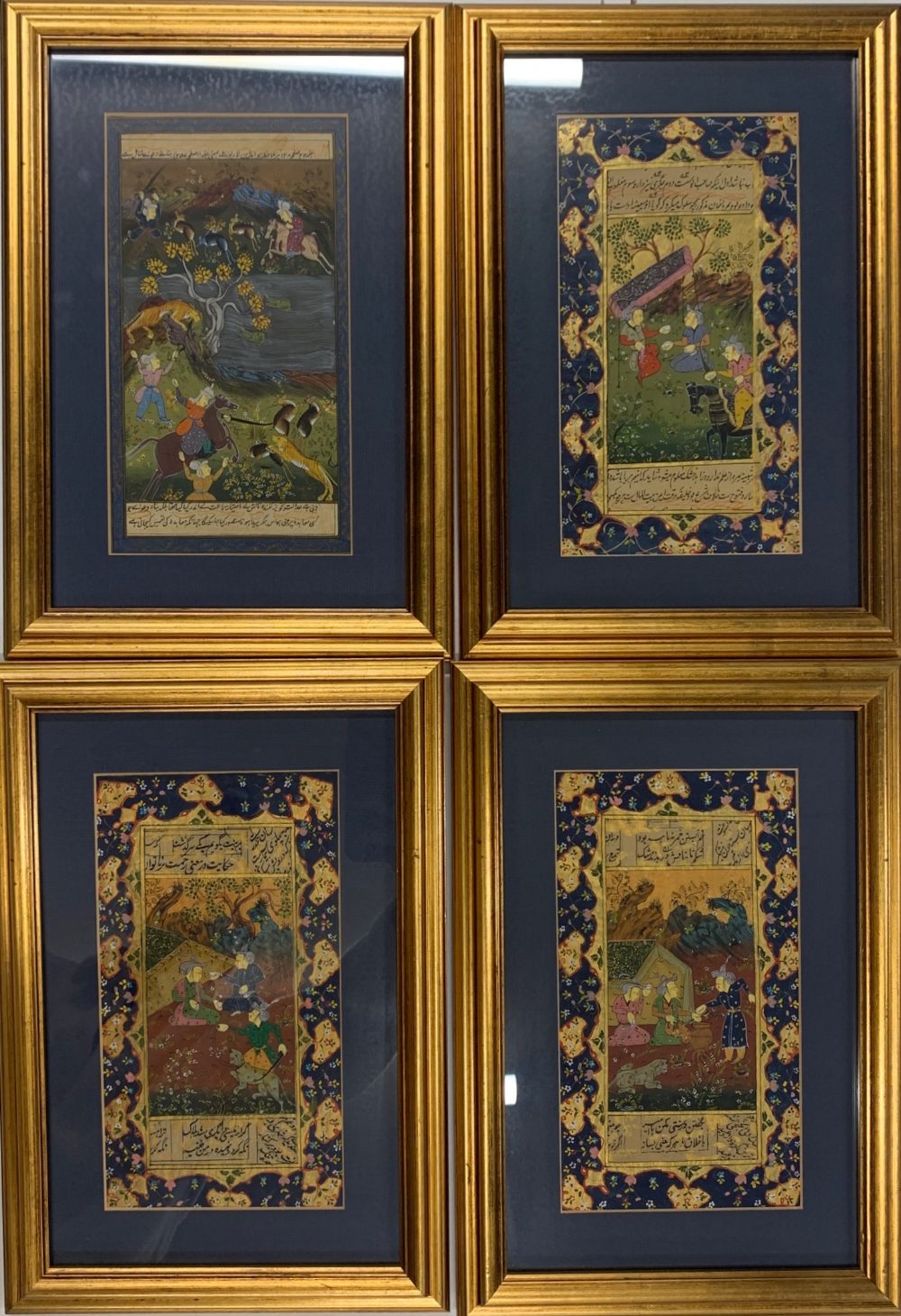 A superb set of eight framed Mughal watercolour, gilt and inked story panels, frame size 24.5 x - Image 2 of 4