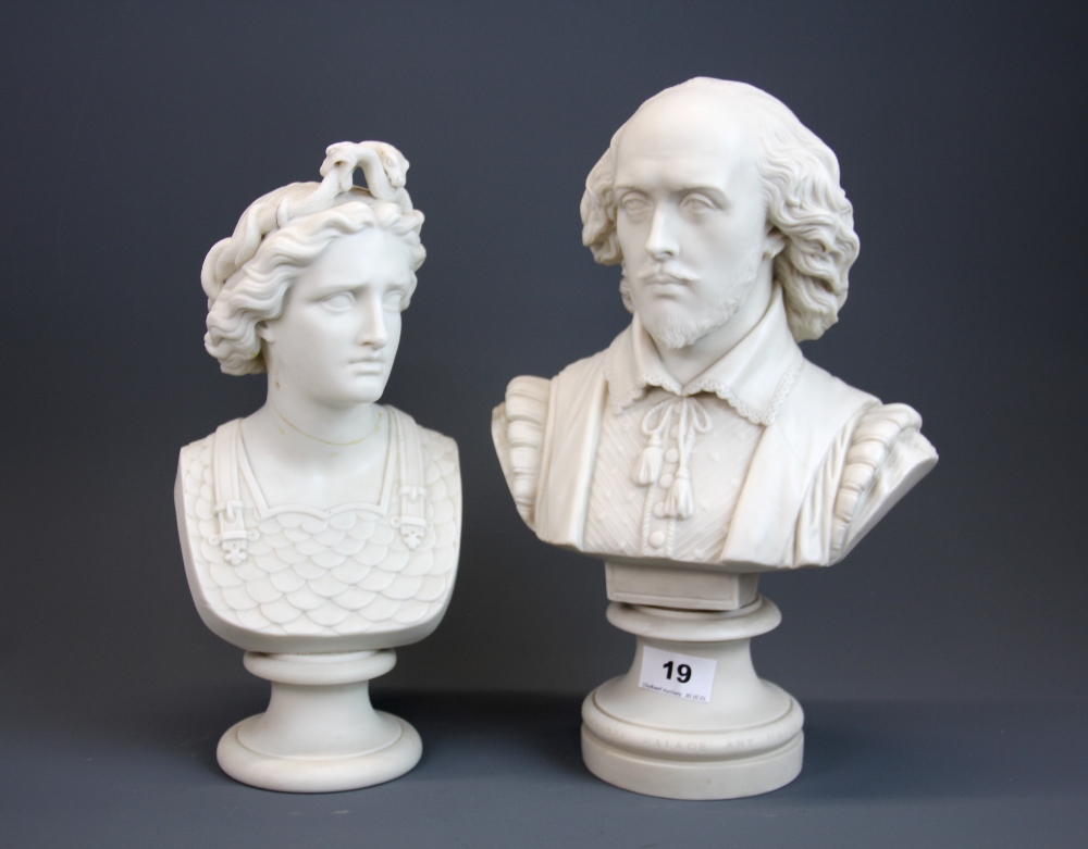 A Parian bust of William Shakespeare by Copeland, Pub March 1864, H. 34 cm. Together with a
