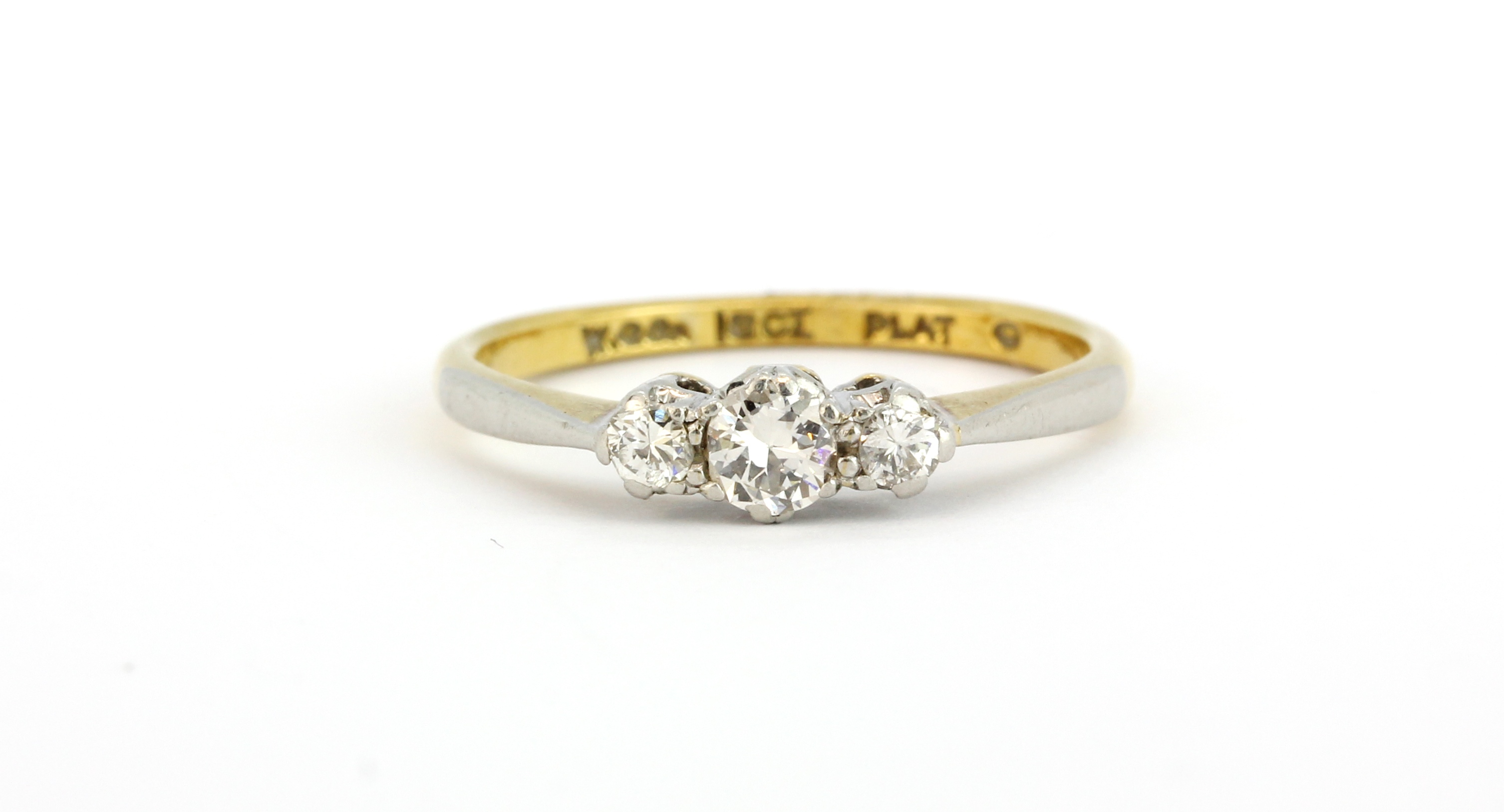 An early 18ct yellow gold and platinum ring set with three brilliant cut diamonds, (L). - Image 3 of 3